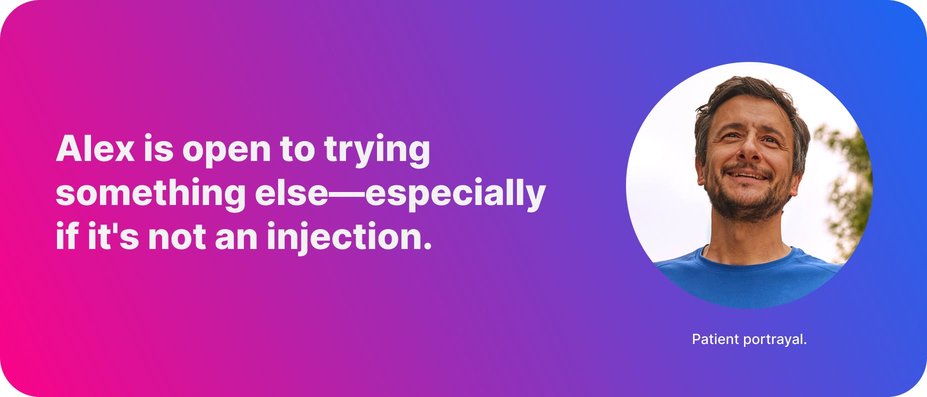 Alex is open to trying something else—especially if it's not an injection. Patient portrayal.