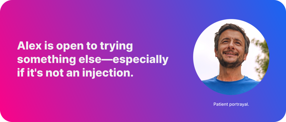 Alex is open to trying something else—especially if it's not an injection. Patient portrayal.
