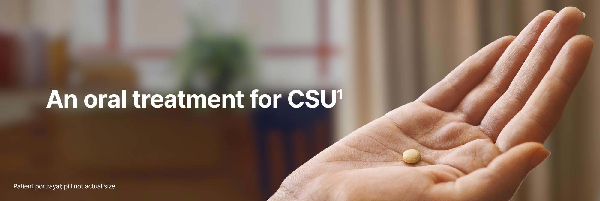 Pill in hand hero image. Patient portrayal; pill not actual size.